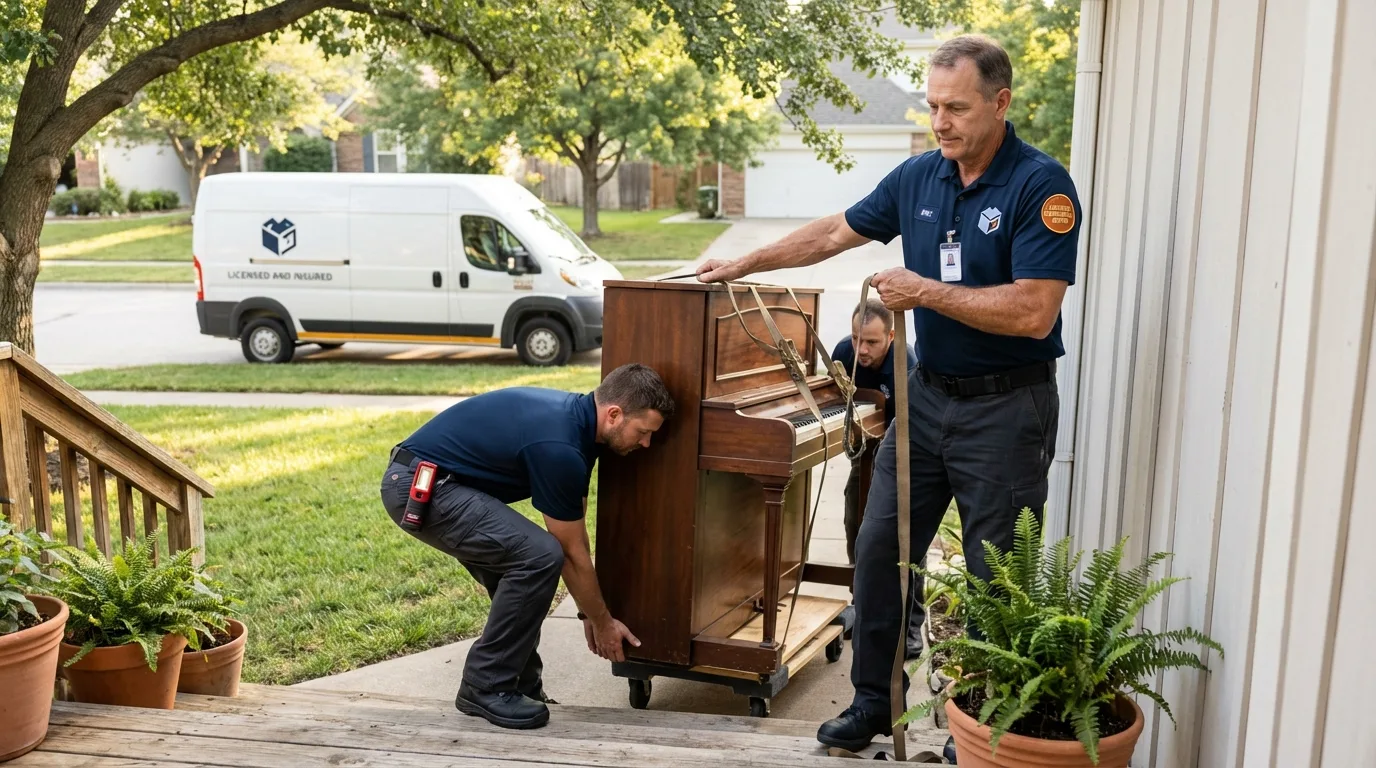 Licensed piano movers securing grand piano in Marbury, AL
