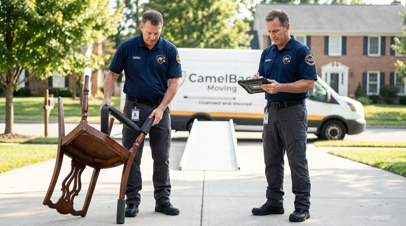 Movers inspecting furniture for damage prevention before loading in Marbury, AL