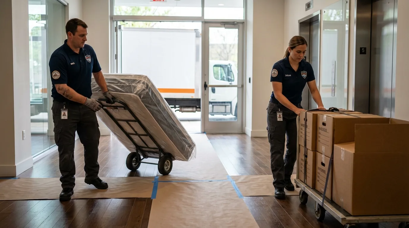 Professional apartment movers loading elevator in Marbury, AL